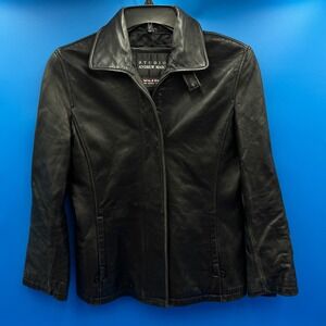 Studio Andrew Marc Women Black Leather Moto Jacket Coat Zipper VTG Wilson's